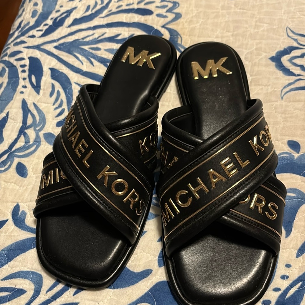 Michael Kors Black and Gold Sandals with Wide Strap